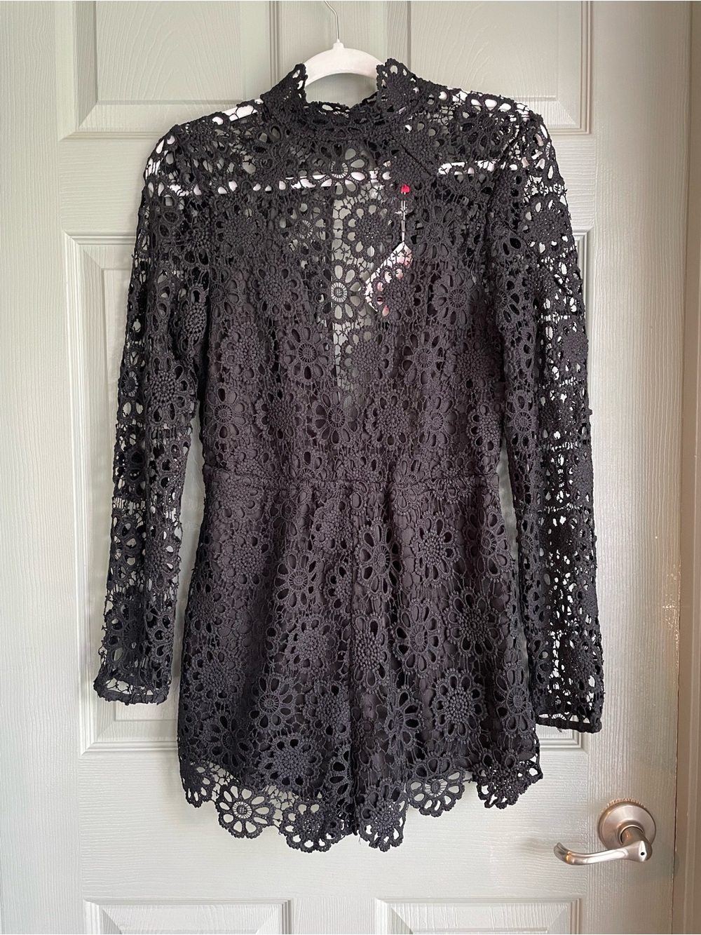 Selfie Leslie Black Lace Long-Sleeve Women's Bodysuit Romper Sheer NWT